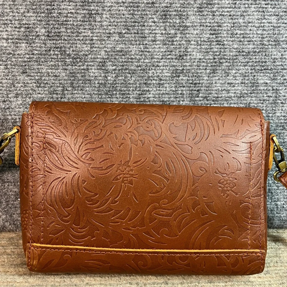 Portland Leather Goods Floral Embossed Leather Crossbody Bag Cognac Brown Small